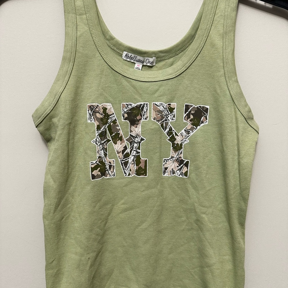 Rebellious One Olive Green NY Camo Graphic Tank